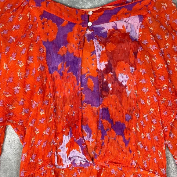 Free People Blouse Womens Small Red Floral Sheer Artsy Boho Ruffle Watercolor - Picture 9 of 14